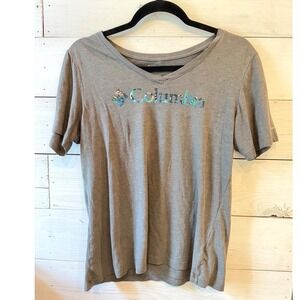 Columbia Womens V-Neck Graphic T-Shirt Heather Grey Floral Logo Size Medium